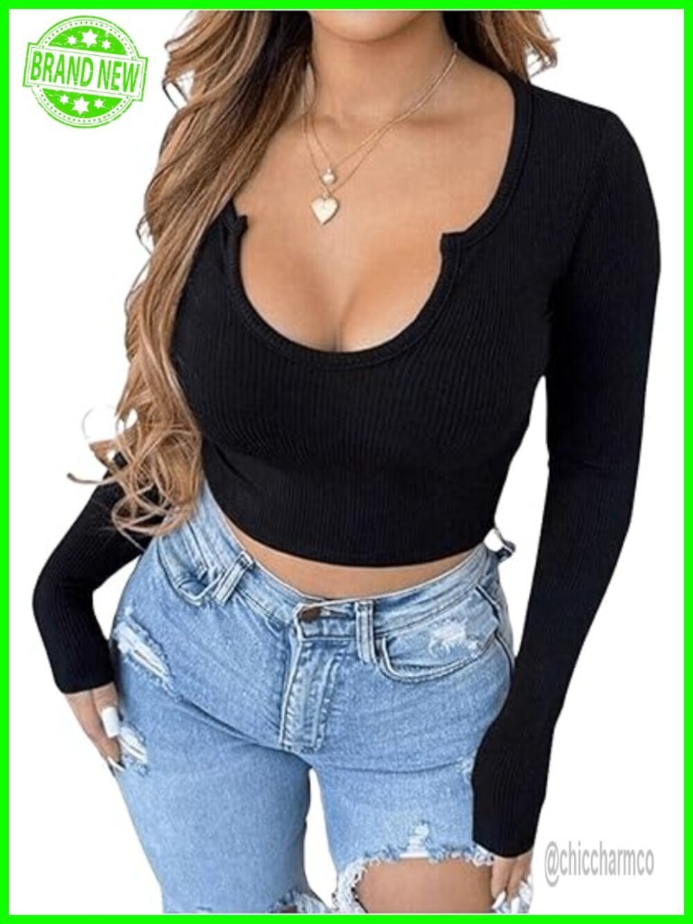 Plus Size Long Sleeve Crop T Shirt Ribbed Knit Notch Neck